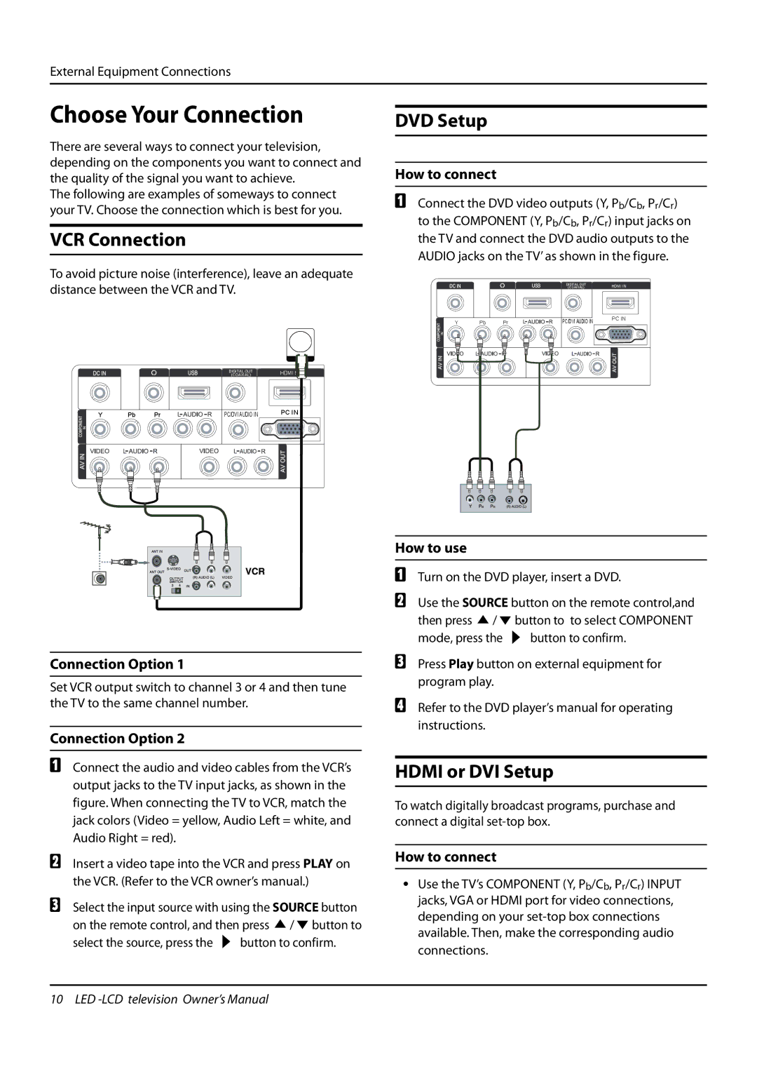 Haier L24K3, LE22T3W, LE24T3, LE19T3W owner manual Choose Your Connection, VCR Connection, DVD Setup, Hdmi or DVI Setup 