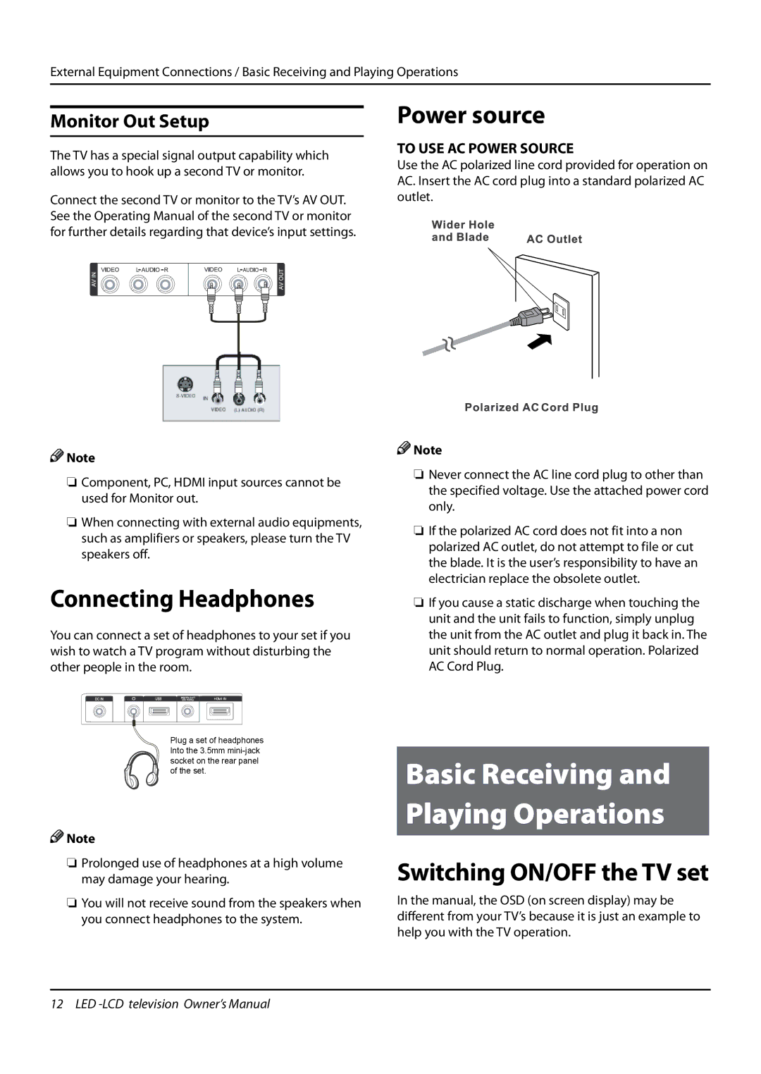 Haier LE22T3W, LE24T3, LE19T3W, L24K3 Power source, Connecting Headphones, Switching ON/OFF the TV set, Monitor Out Setup 