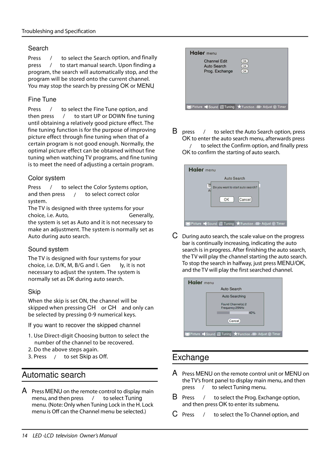 Haier LE22T3W, LE24T3, LE19T3W, L24K3 owner manual Automatic search, Exchange 