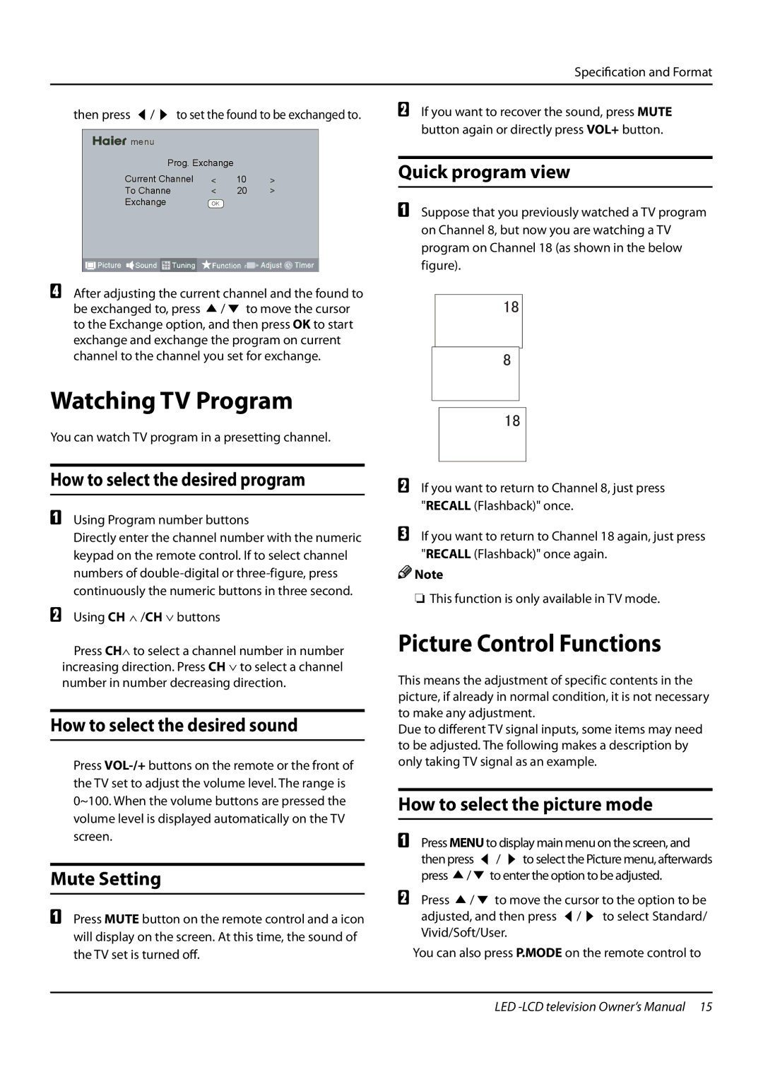 Haier LE19T3W, LE22T3W, LE24T3, L24K3 owner manual Watching TV Program, Picture Control Functions 