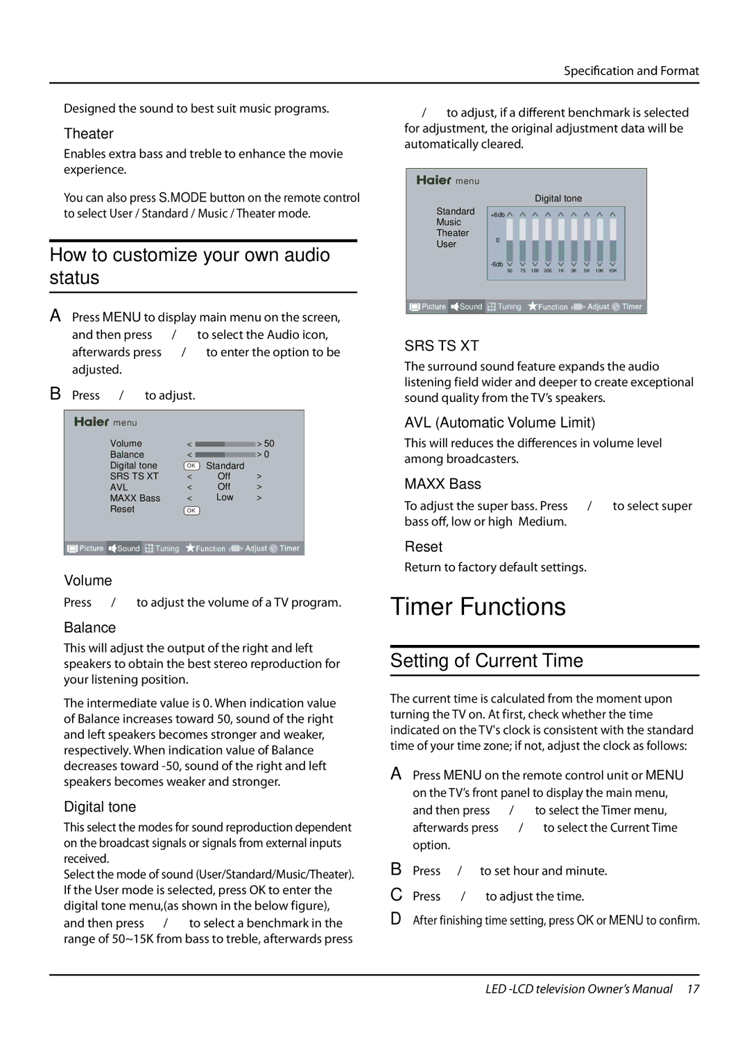 Haier LE22T3W, LE24T3, LE19T3W, L24K3 Timer Functions, How to customize your own audio status, Setting of Current Time 