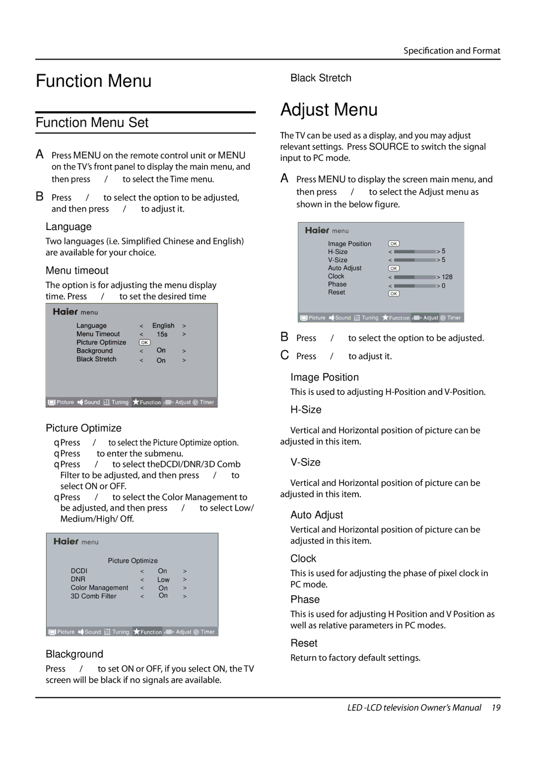 Haier LE24T3, LE22T3W, LE19T3W, L24K3 owner manual Adjust Menu, Function Menu Set 