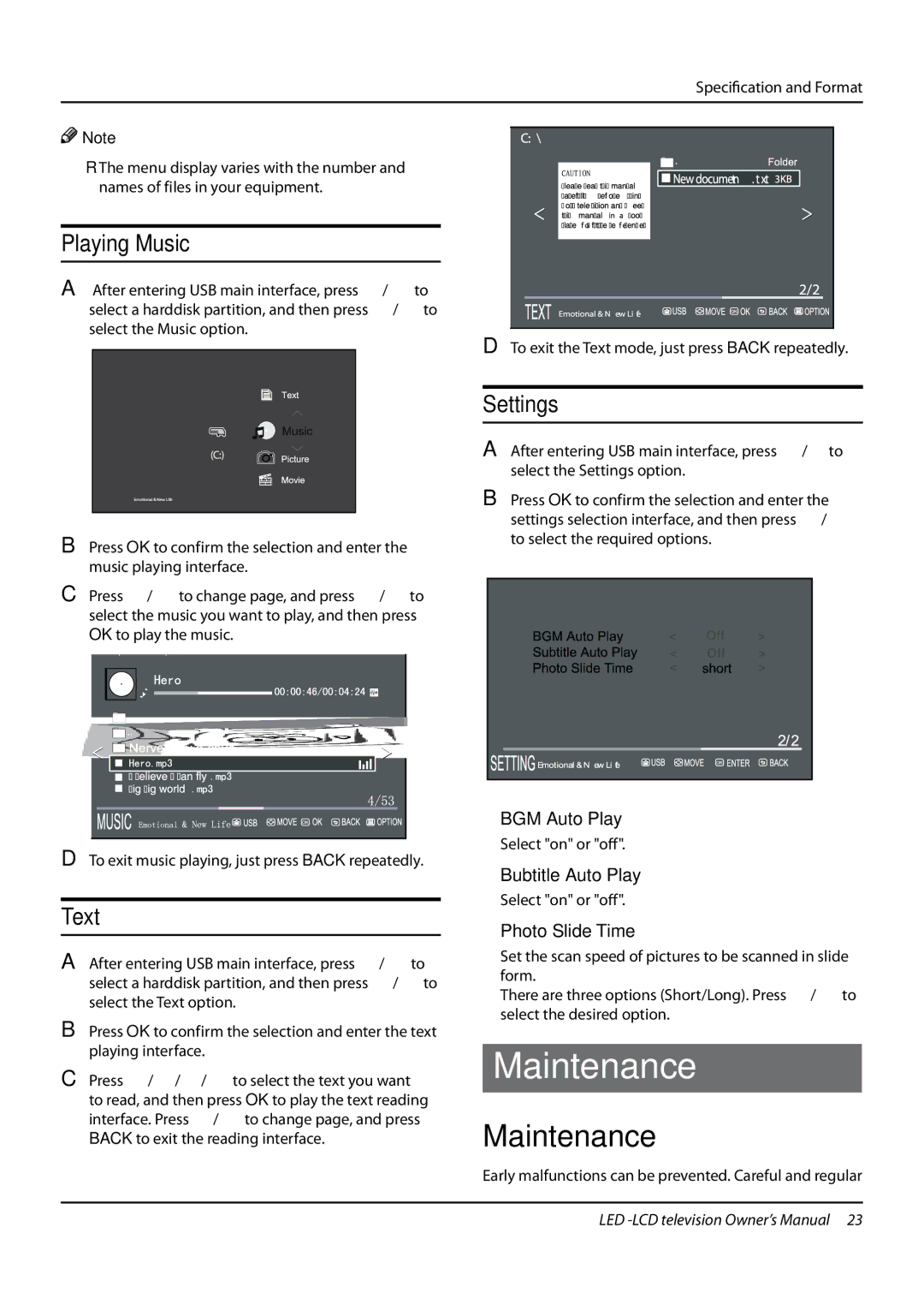 Haier LE22T3W, LE24T3, LE19T3W, L24K3 owner manual Maintenance, Playing Music, Text, Settings 