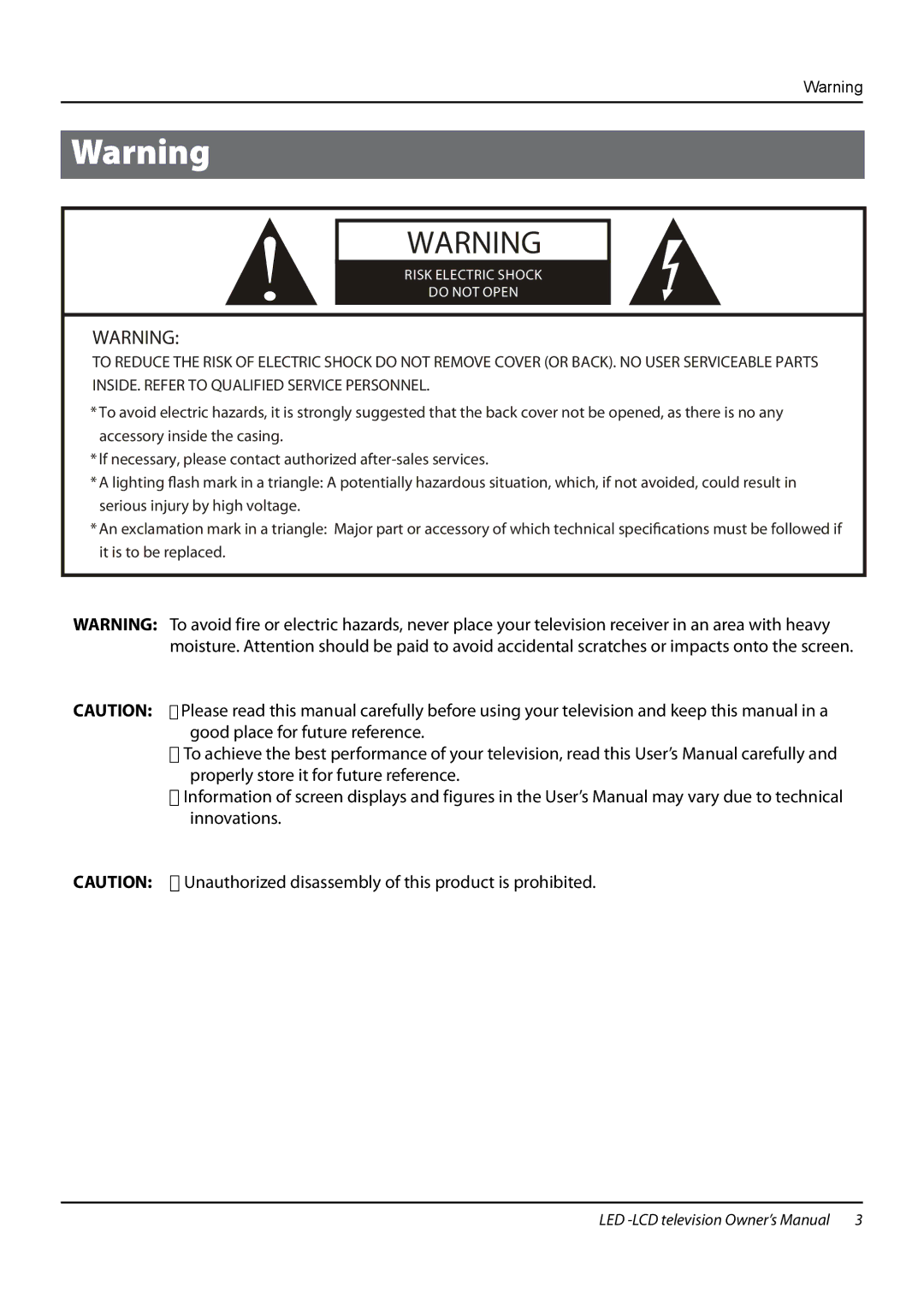 Haier LE19T3W, LE22T3W, LE24T3, L24K3 owner manual Risk Electric Shock Do not Open 