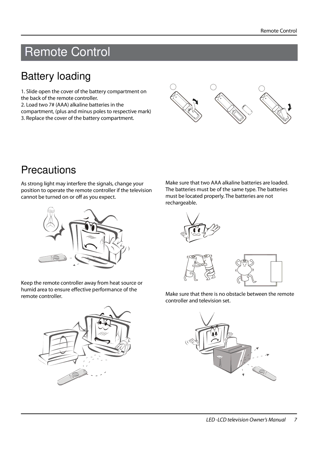 Haier LE24T3, LE22T3W, LE19T3 Remote Control, Battery loading, Precautions, Replace the cover of the battery compartment 