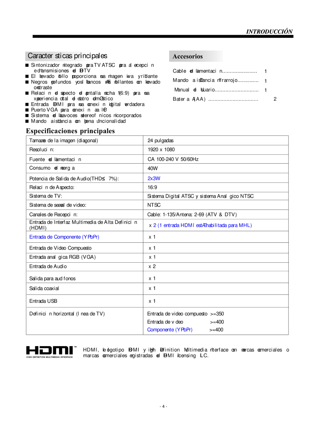 Haier LE24H3380 manual Especificaciones principales 