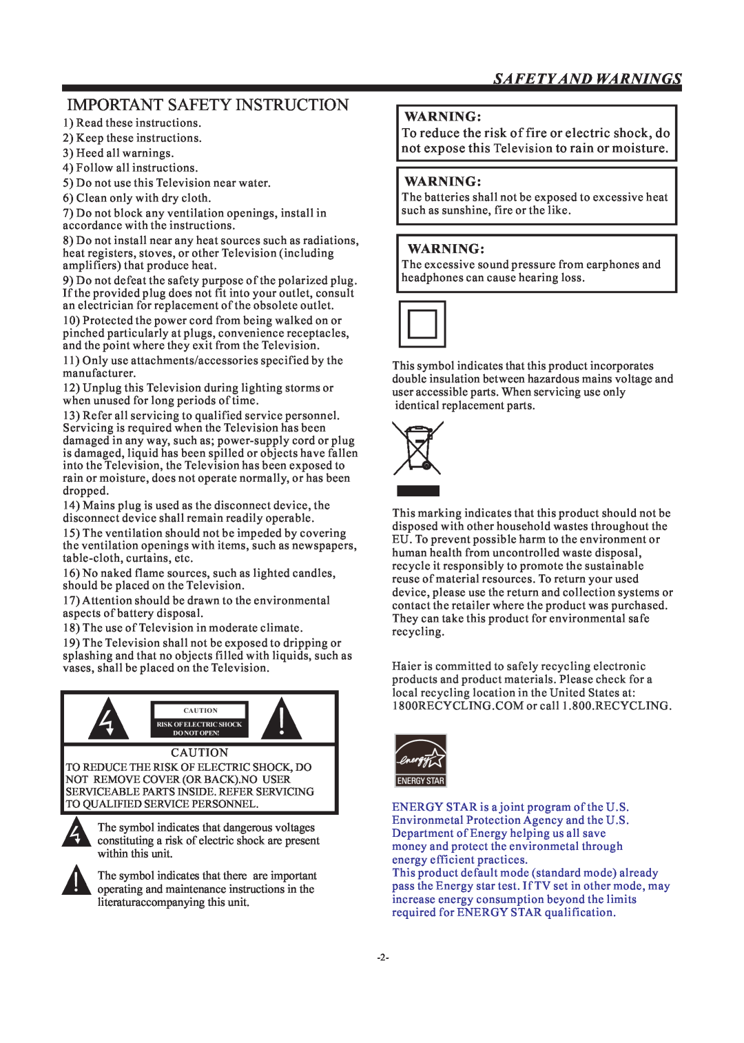 Haier LE24H3380 manual Important Safety Instruction, Safety And Warnings 