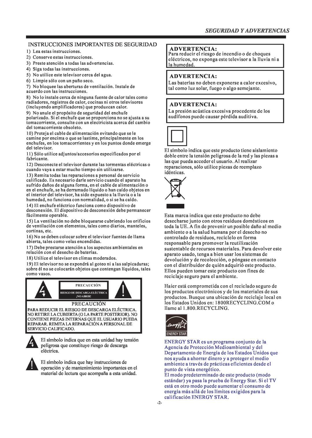 Haier LE24H3380 manual Advertencia, Instrucciones Importantes De Seguridad 