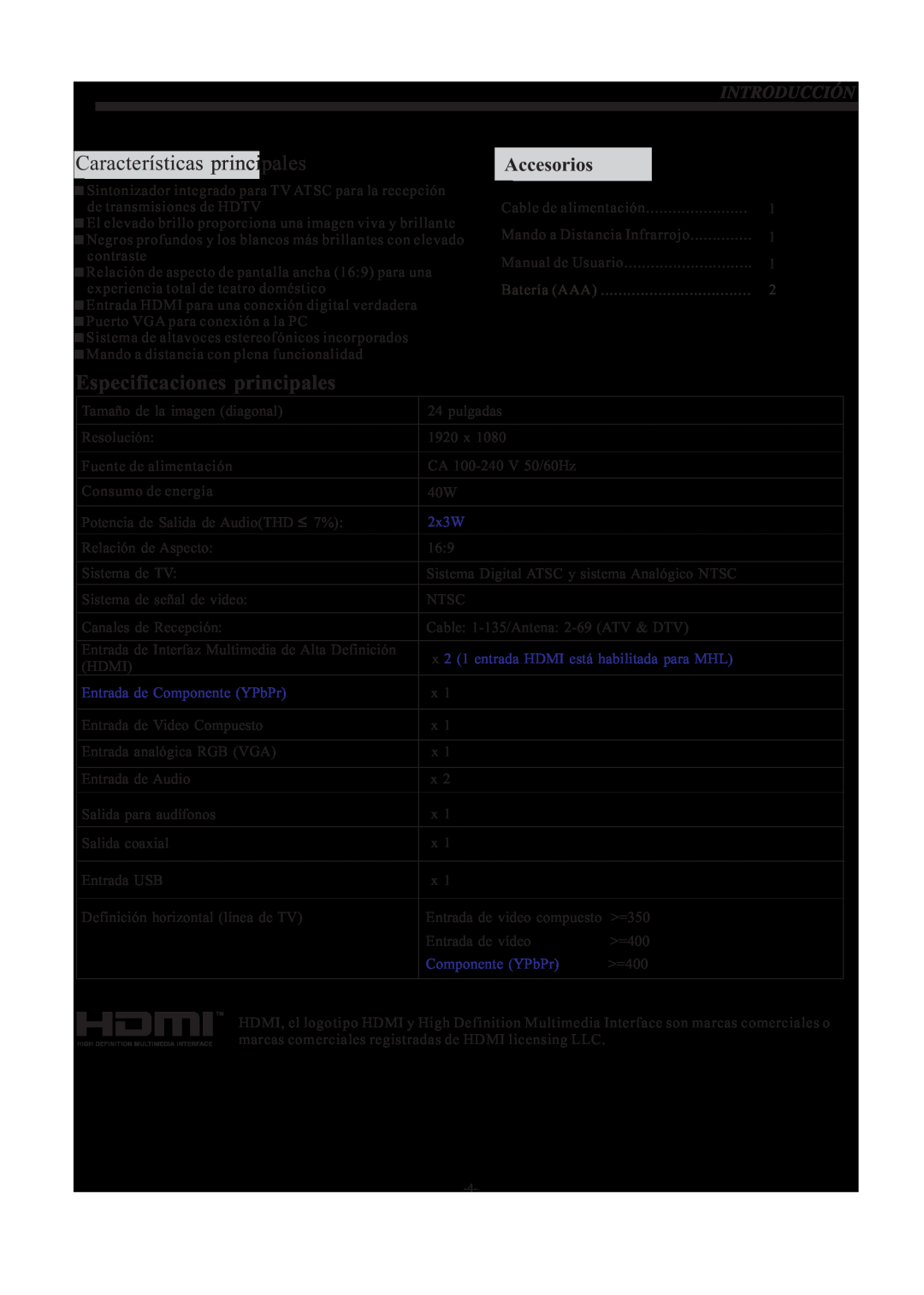 Haier LE24H3380 manual Características principales, Especificaciones principales, Accesorios 