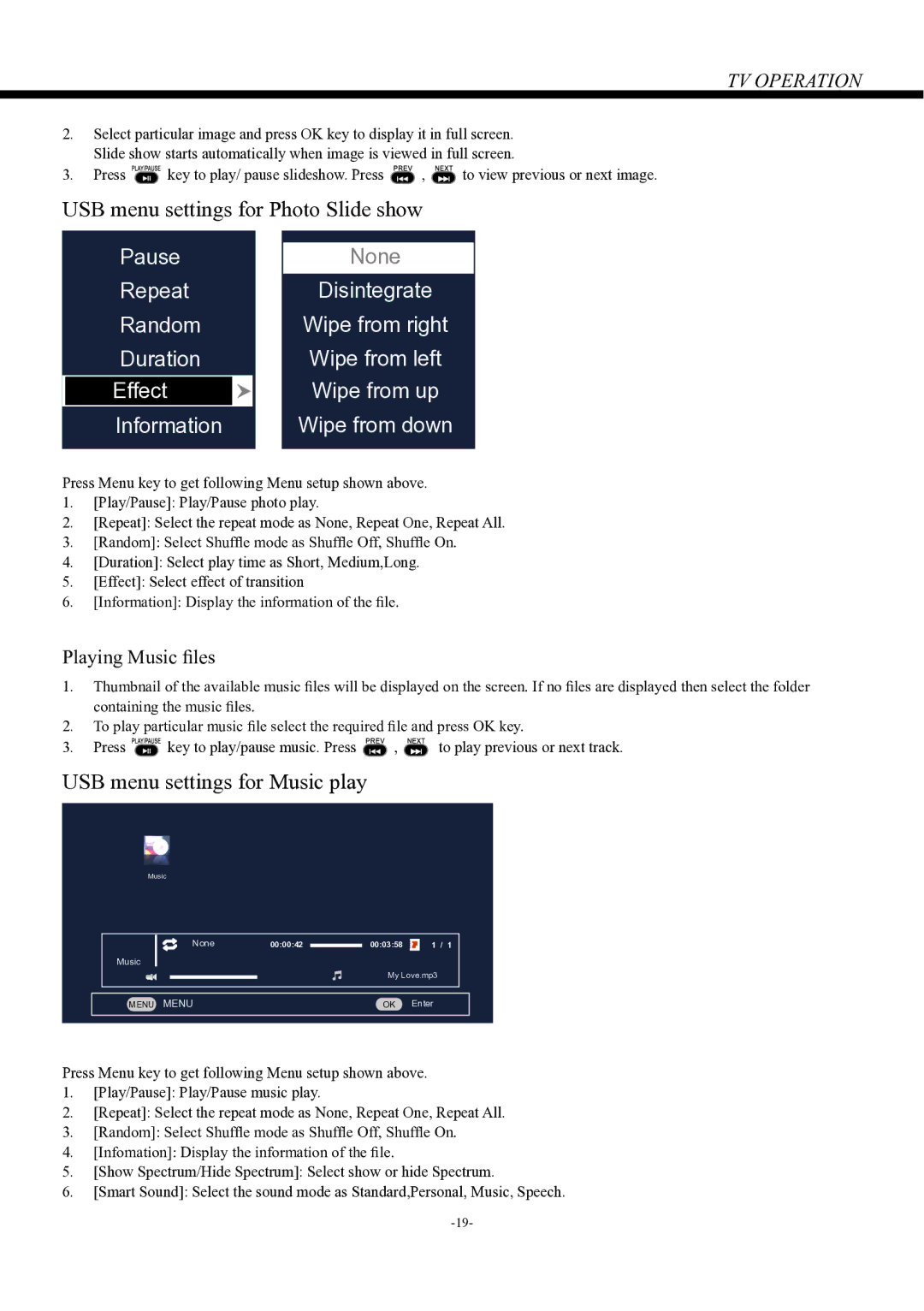 Haier LE24P600, LE22P600 owner manual USB menu settings for Photo Slide show, USB menu settings for Music play 