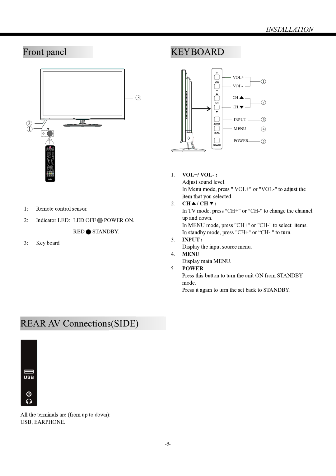 Haier LE24P600, LE22P600 owner manual Front panel, Rear AV ConnectionsSIDE, RED Standby, USB, Earphone 