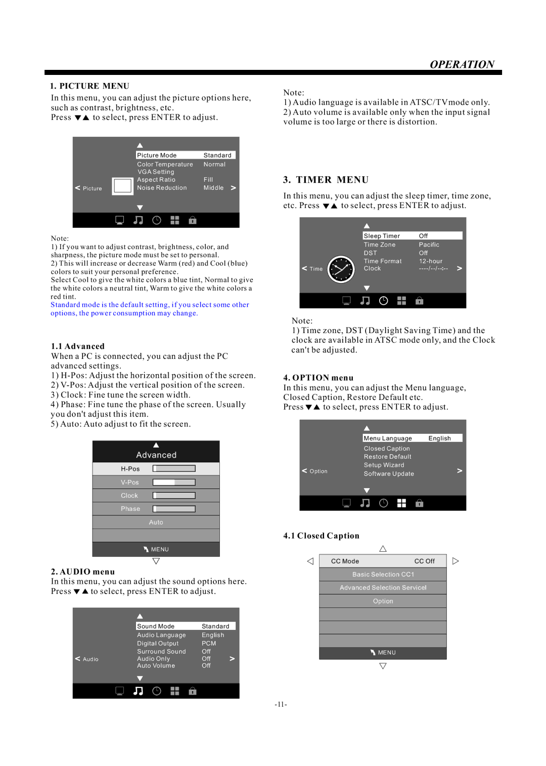 Haier LE29F2320 manual Picture Menu, Advanced, Audio menu, Option menu, Closed Caption 