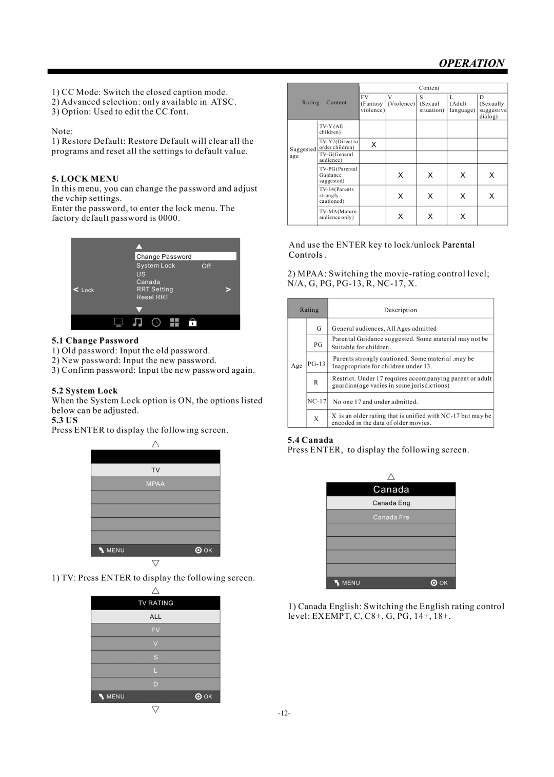 Haier LE29F2320 manual Lock Menu, Change Password, System Lock, Canada 