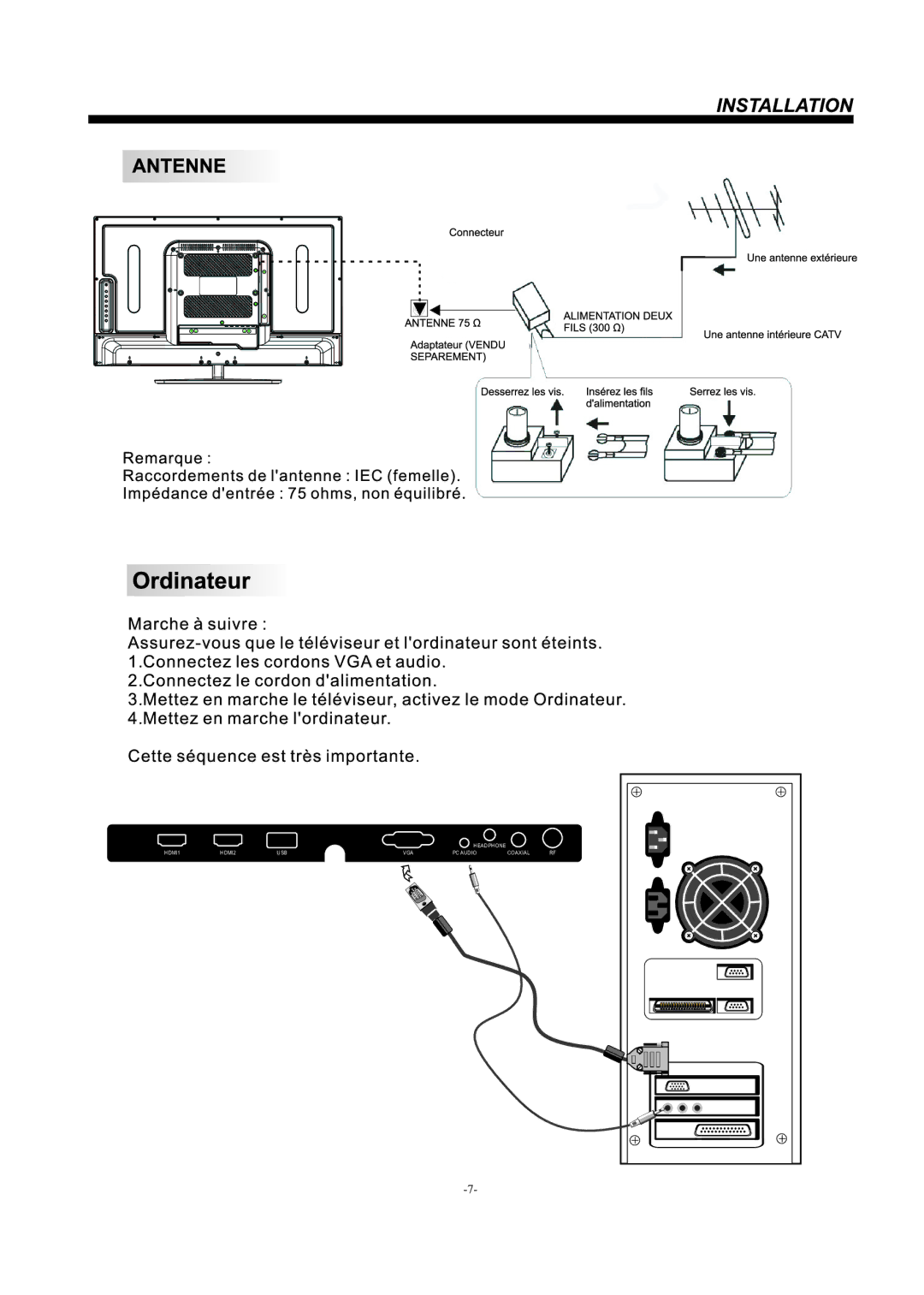 Haier LE29F2320 manual Headphone HDMI1 HDMI2 USB VGA PC Audio Coaxial 