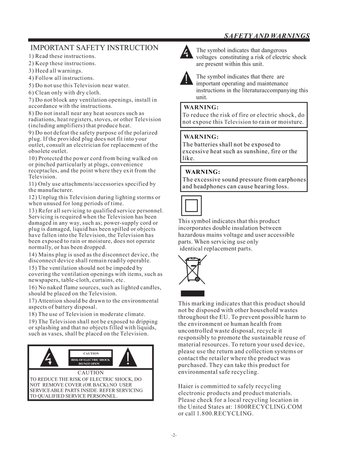 Haier LE29F2320 manual Important Safety Instruction 