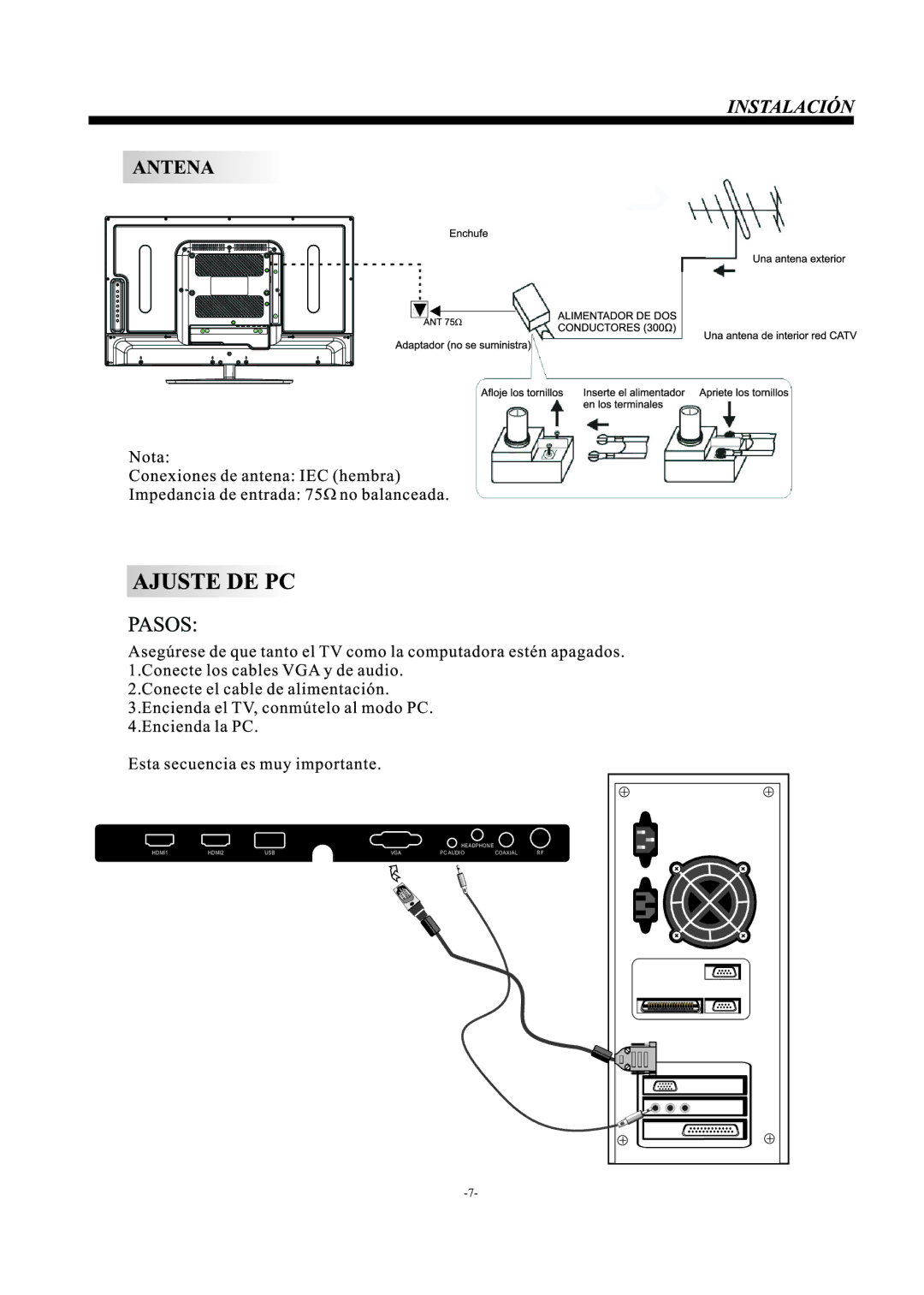 Haier LE29F2320 manual Headphone HDMI1 HDMI2 USB VGA PC Audio Coaxial 