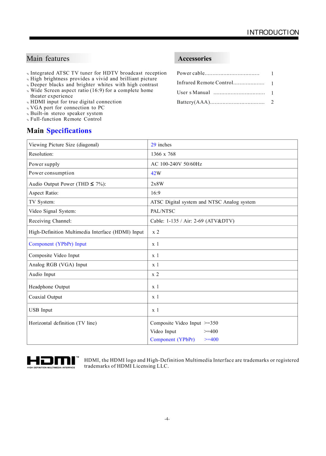 Haier LE29F2320 manual Main features, Accessories 