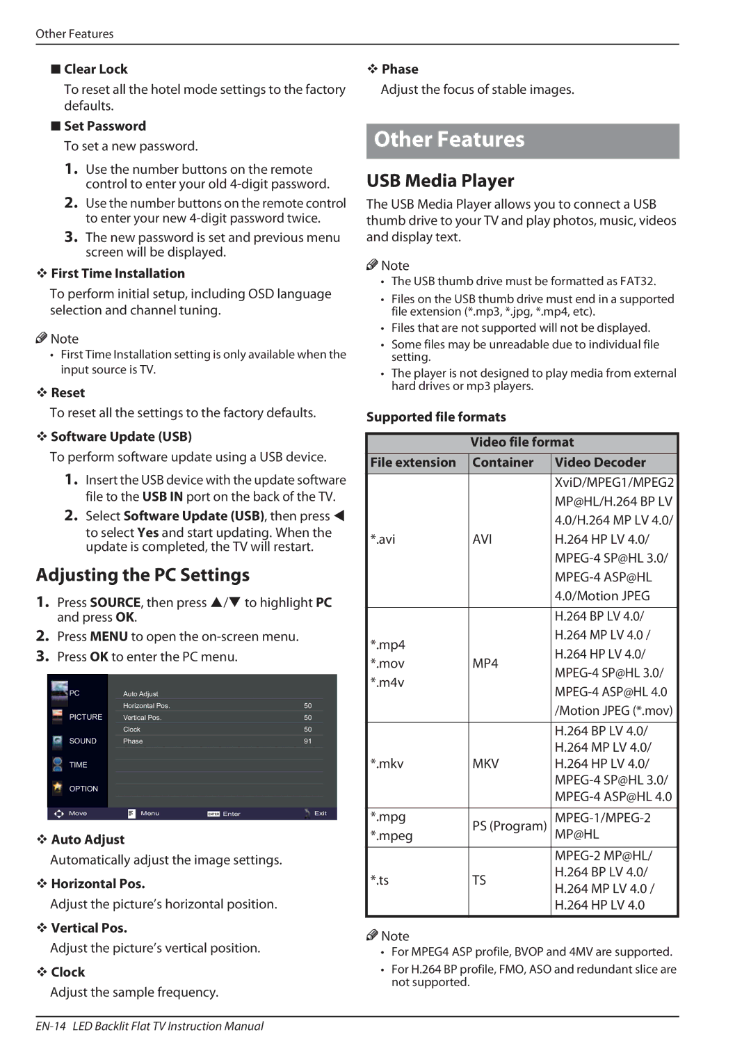 Haier LE32A650, LE32F600 owner manual Other Features, Adjusting the PC Settings, USB Media Player 