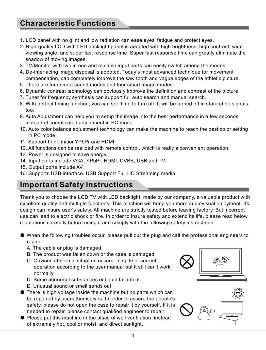 Haier LE32K700 manual Characteristic Functions, Important Safety Instructions 