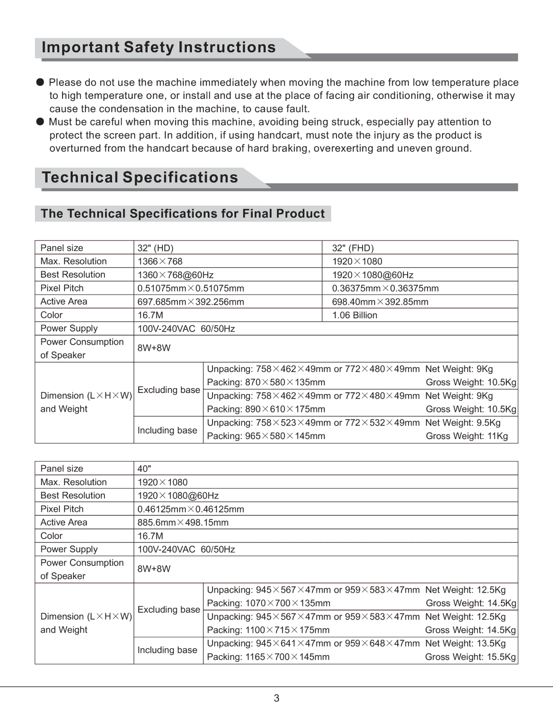 Haier LE32K700 manual Technical Specifications for Final Product 