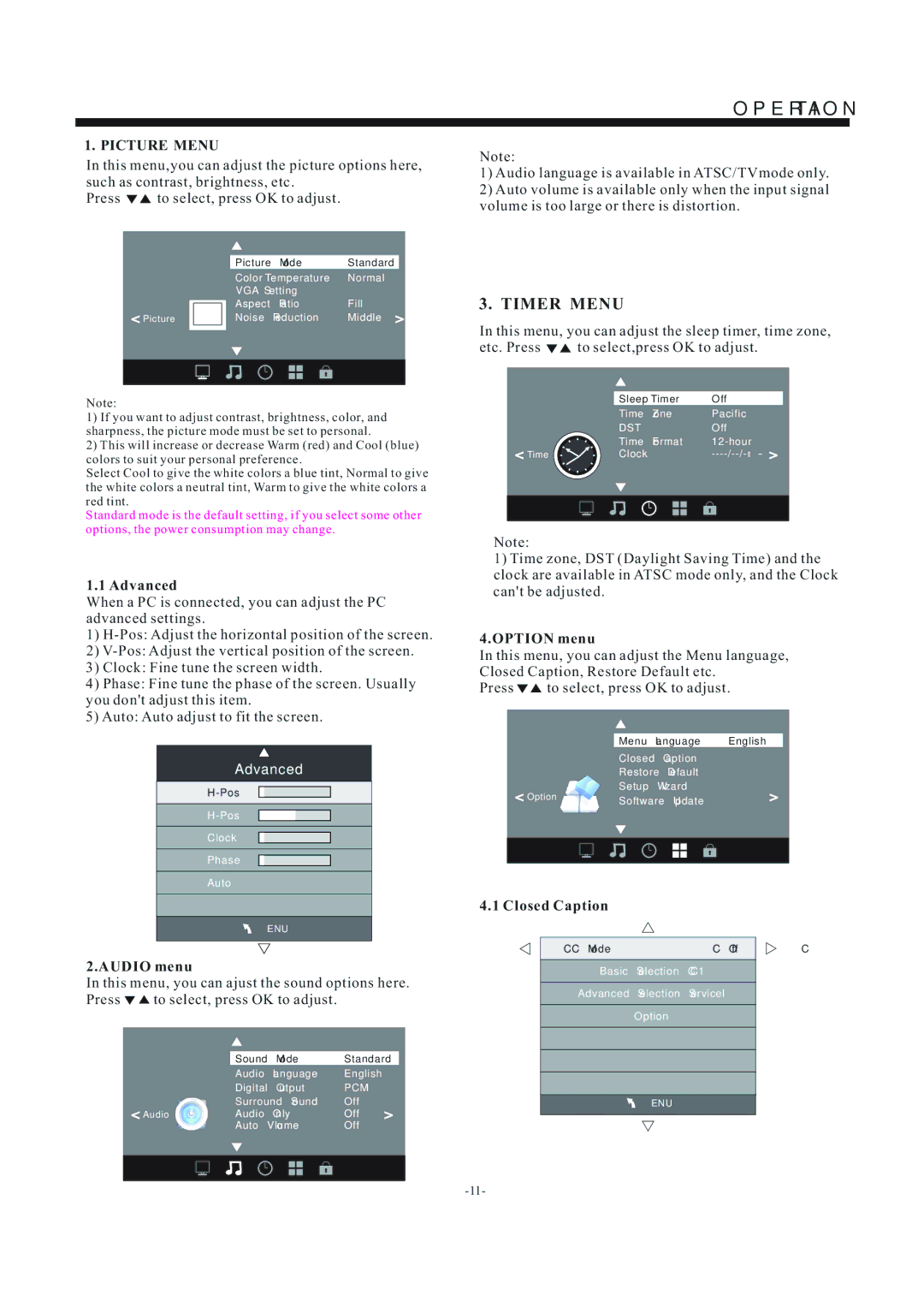 Haier LE39F2280, LE32F2220 manual Picture Menu, Advanced, Audio menu, Option menu, Closed Caption 