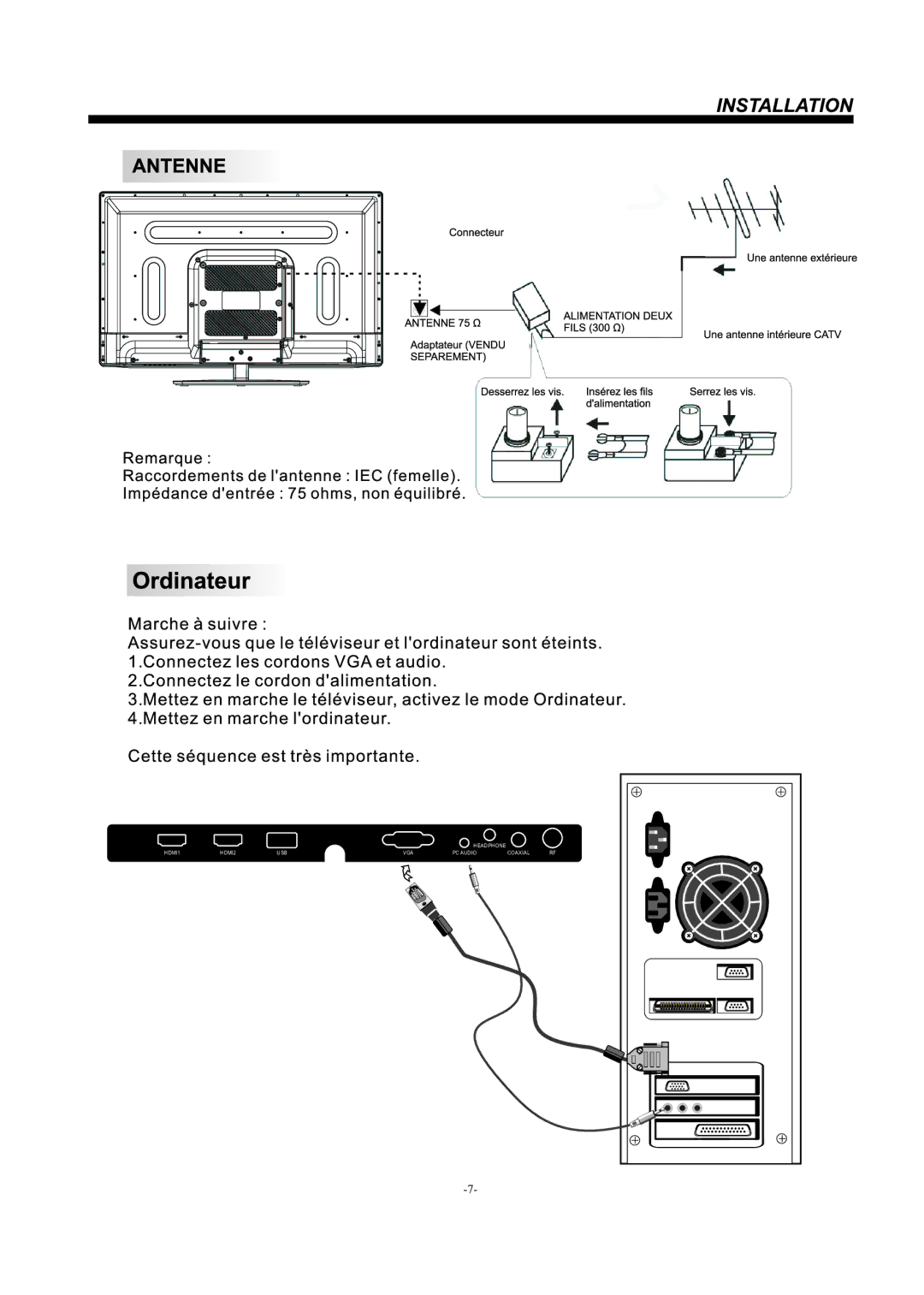 Haier LE32F2220, LE39F2280 manual Headphone HDMI1 HDMI2 USB VGA PC Audio Coaxial 