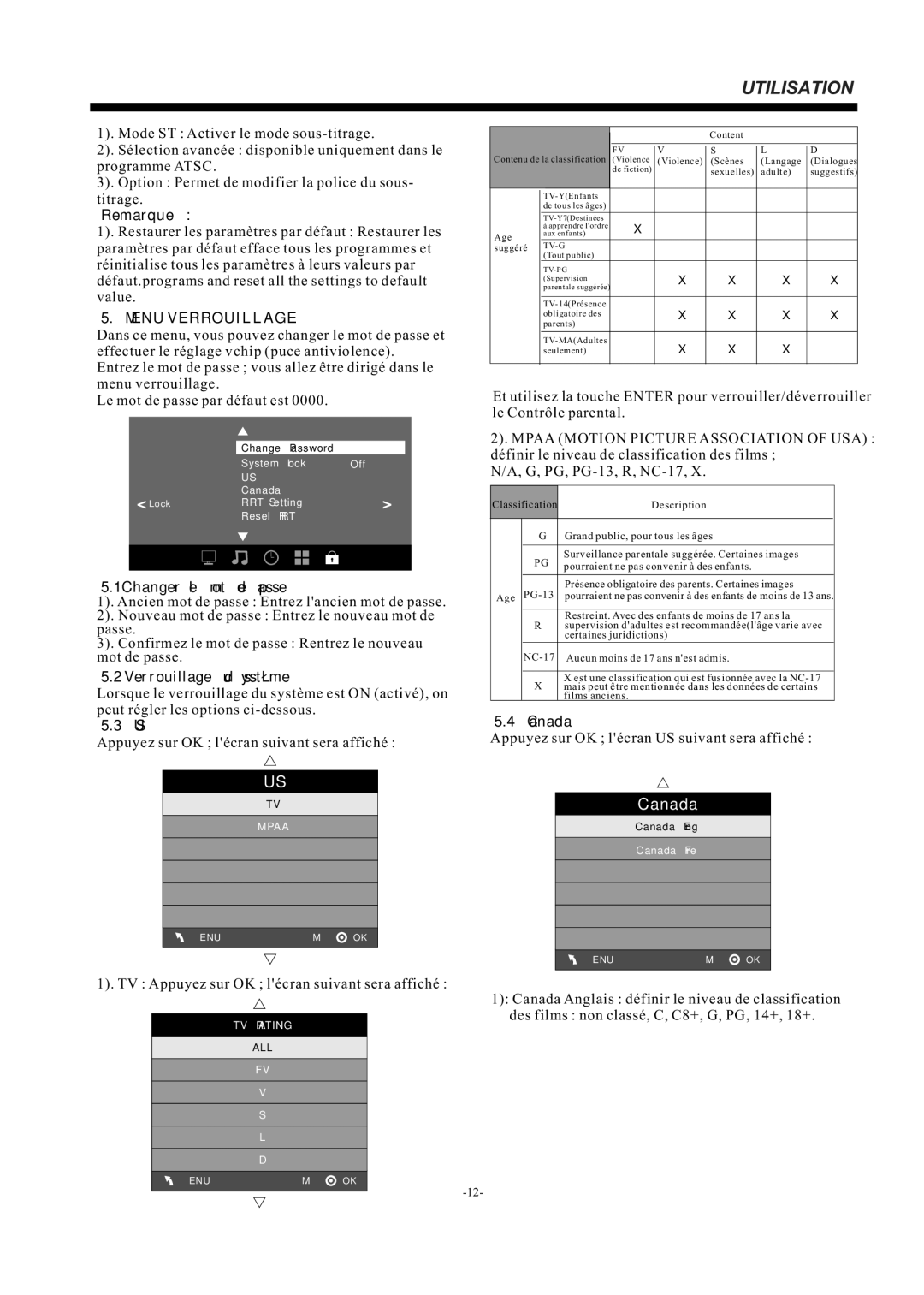 Haier LE39F2280, LE32F2220 manual Menu Verrouillage, 1Changer le mot de passe, Verrouillage du système 