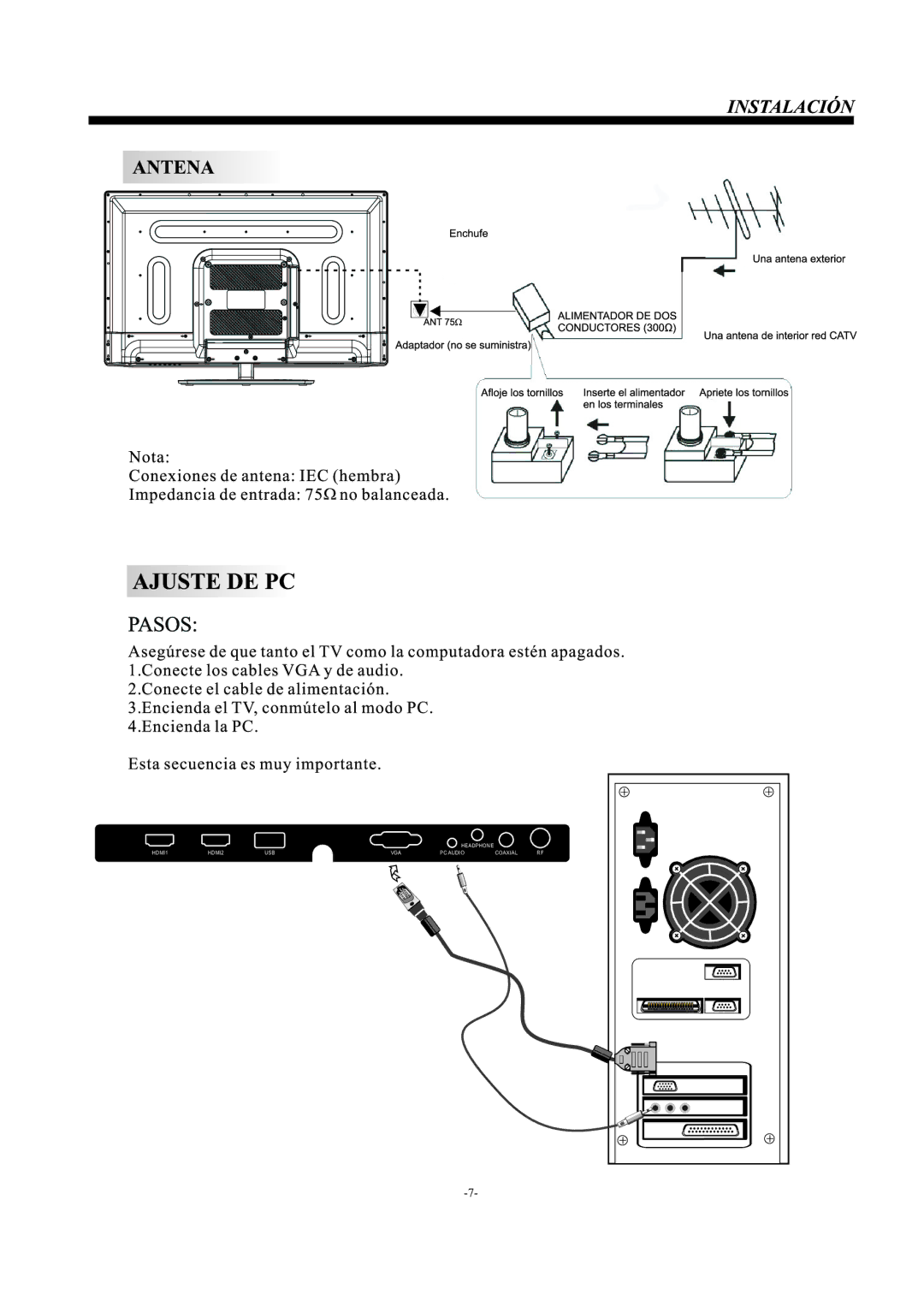 Haier LE39F2280, LE32F2220 manual Headphone HDMI1 HDMI2 USB VGA PC Audio Coaxial 