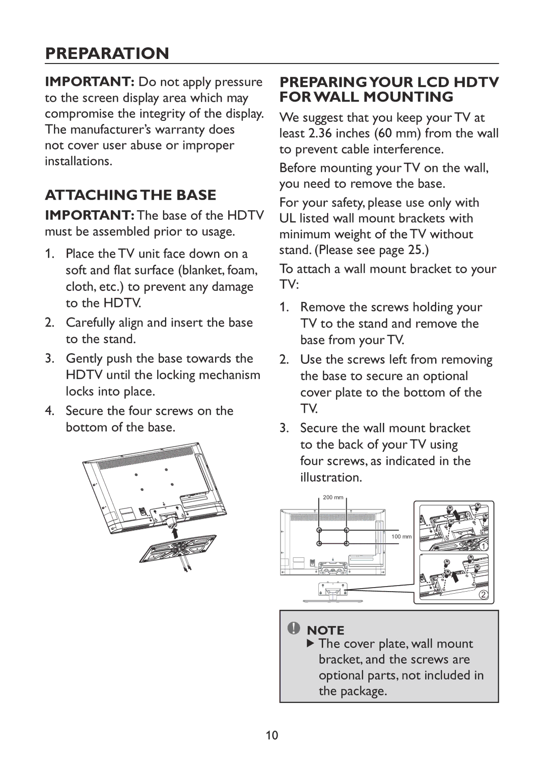 Haier LE40C13800, LE32C13200 owner manual Preparation, Attaching the Base, Preparingyour LCD Hdtv for Wall Mounting 