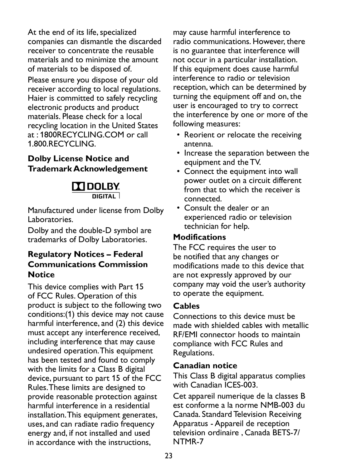 Haier LE32C13200 Dolby License Notice and Trademark Acknowledgement, Regulatory Notices Federal Communications Commission 