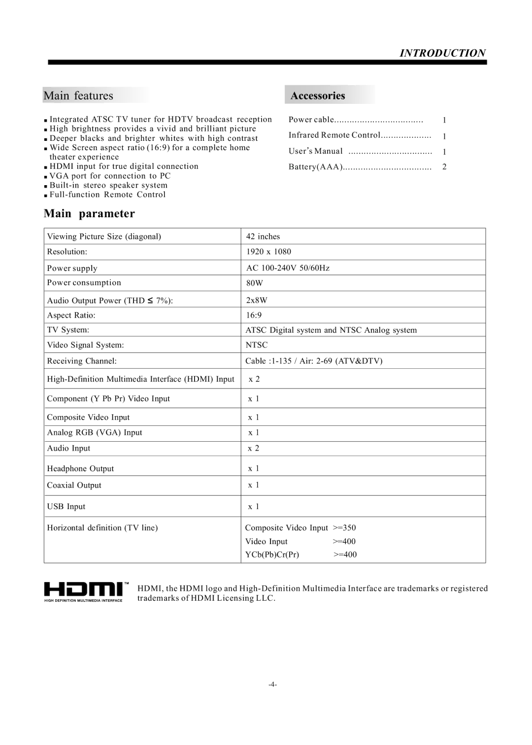 Haier LE42F2280 manual Main features 