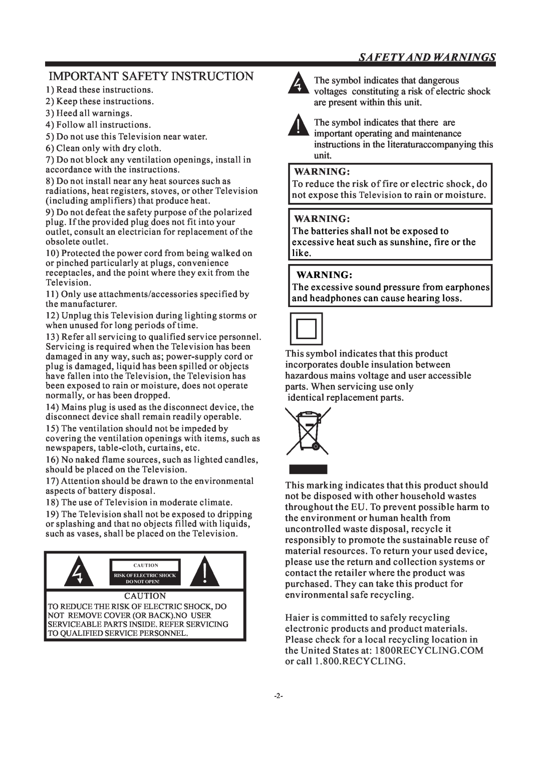 Haier LE42F2280 manual Important Safety Instruction, Safety And Warnings 