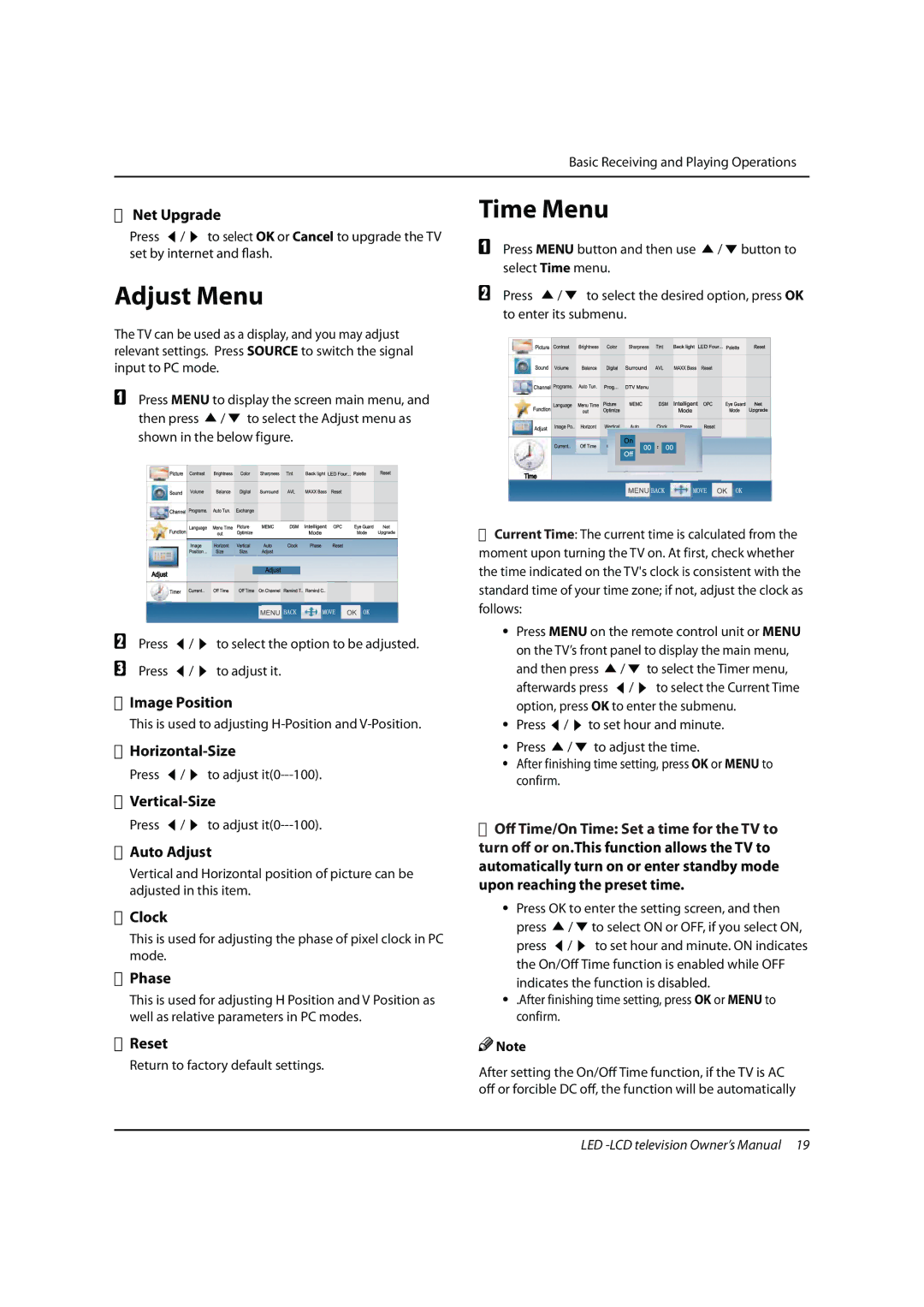 Haier LD42K3, LE42H330, LE46H330, LE55H330 owner manual Adjust Menu, Time Menu 