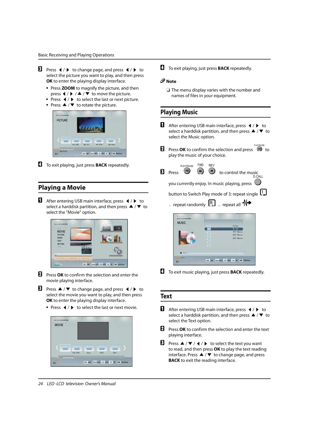 Haier LE42H330, LE46H330, LE55H330, LD42K3 owner manual Playing a Movie, Playing Music, Text 