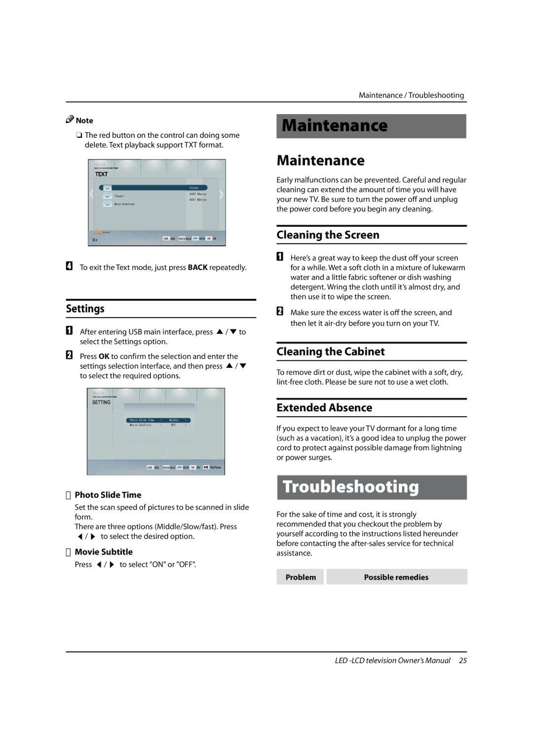 Haier LE46H330, LE42H330, LE55H330, LD42K3 owner manual Troubleshooting, Maintenance 