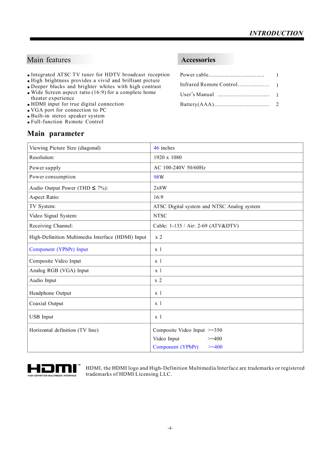 Haier LE46A2280 manual Introduction, Accessories 