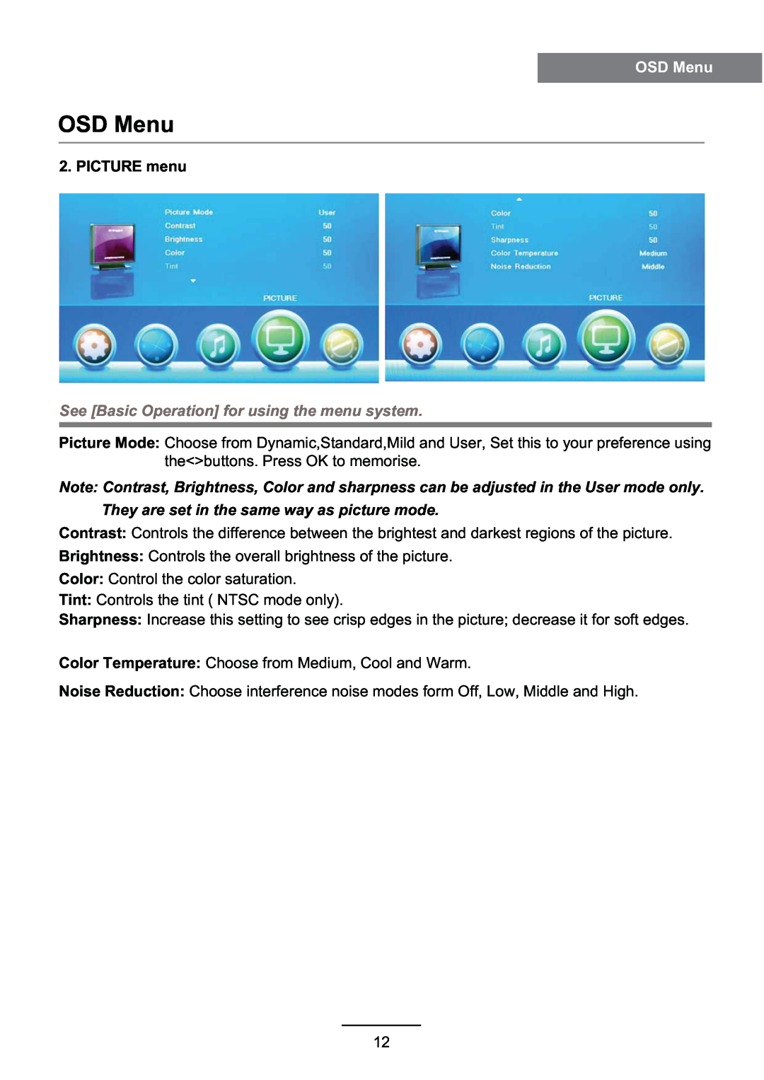 Haier LE46D10F user manual OSD Menu, PICTURE menu, See Basic Operation for using the menu system 