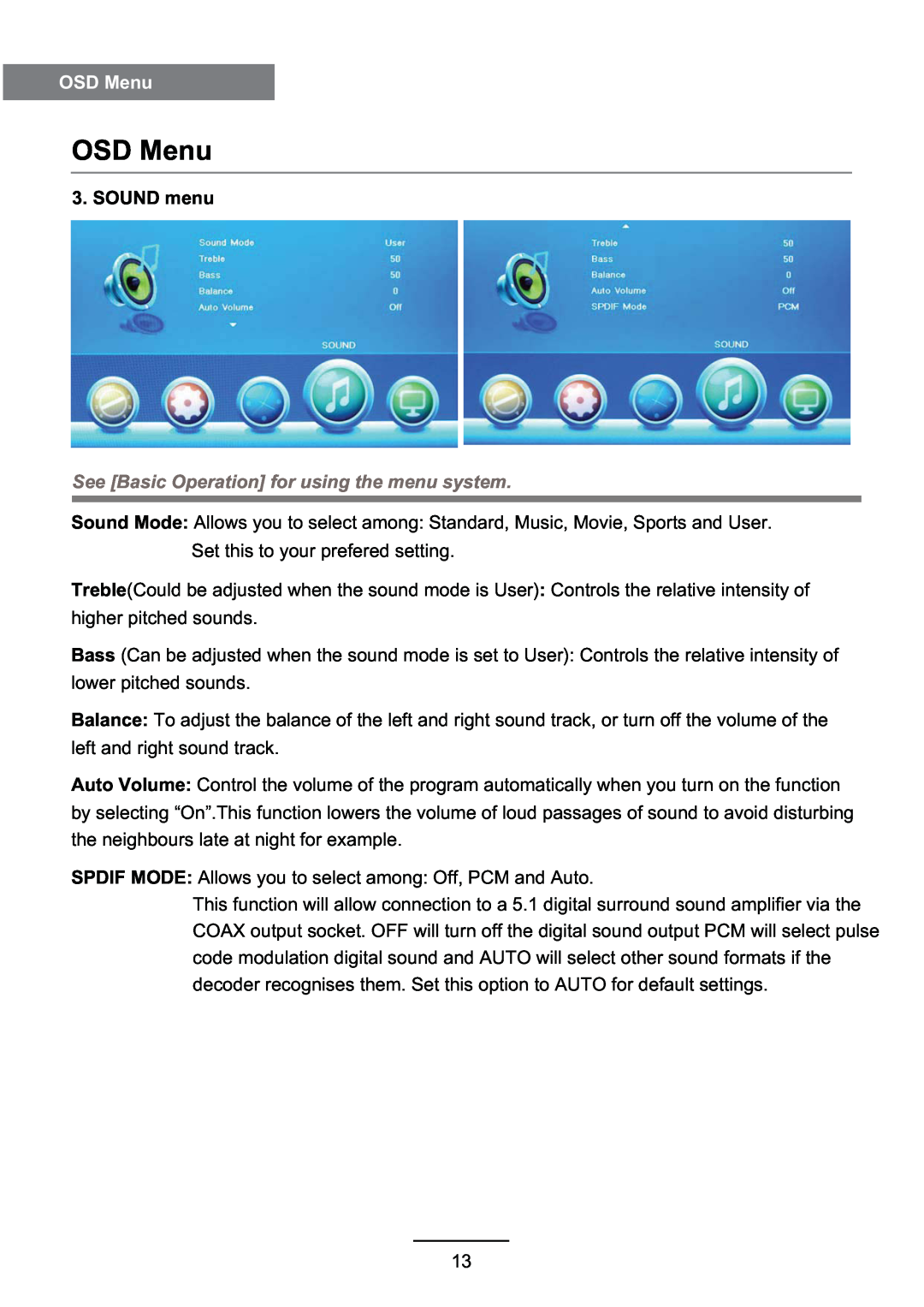 Haier LE46D10F user manual OSD Menu, SOUND menu, See Basic Operation for using the menu system 