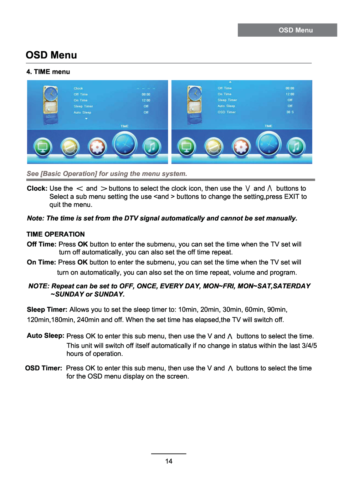 Haier LE46D10F user manual OSD Menu, TIME menu, See Basic Operation for using the menu system, Time Operation, OSD Timer 