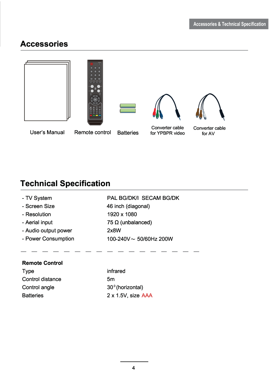 Haier LE46D10F user manual Accessories & Technical Specification, Remote Control 