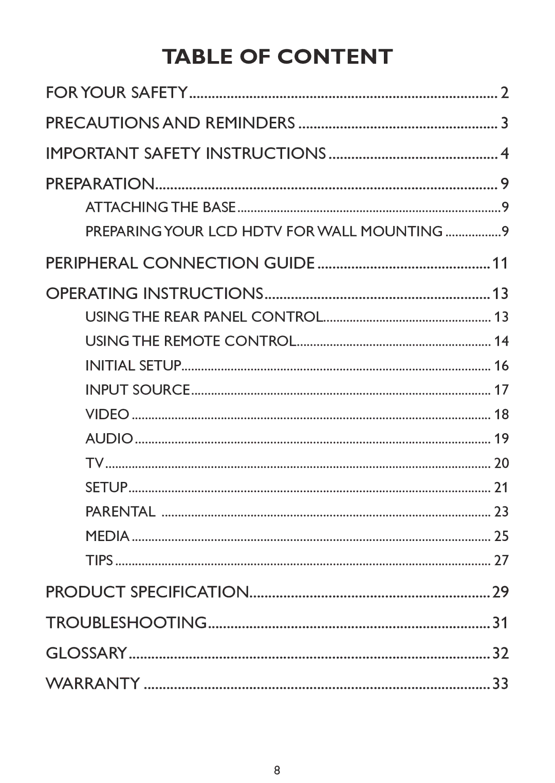 Haier LE32D2320, LE46D2380, LE42D2380, LE39D2380 user manual Table of Content 