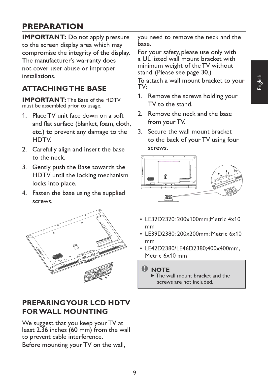 Haier LE39D2380, LE46D2380, LE42D2380, LE32D2320 Preparation, Attaching the Base, Preparingyour LCD Hdtv For Wall Mounting 