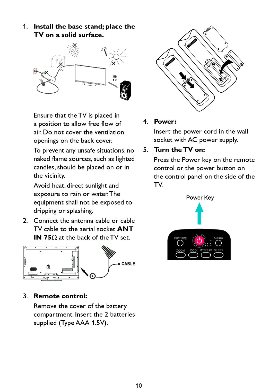 Haier LE46D2380, LE42D2380 Install the base stand place the TV on a solid surface, Power, Turn the TV on, Remote control 