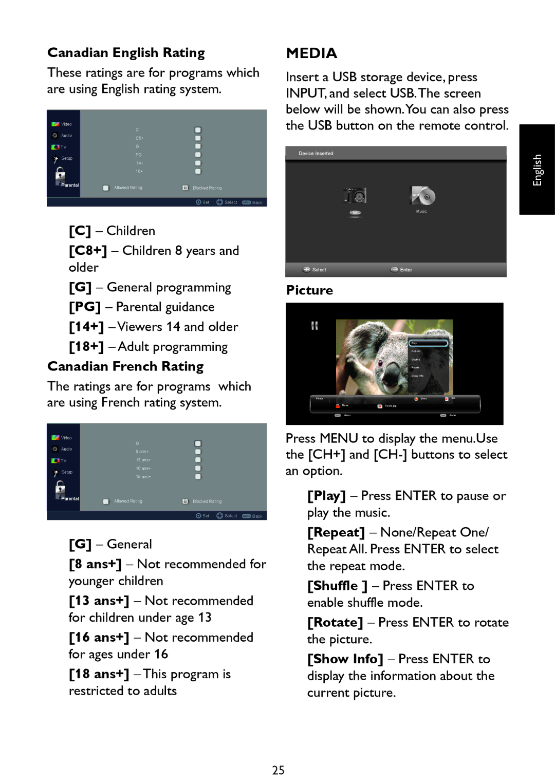 Haier LE39D2380, LE46D2380, LE42D2380, LE32D2320 user manual Media, Canadian English Rating, Canadian French Rating, Picture 