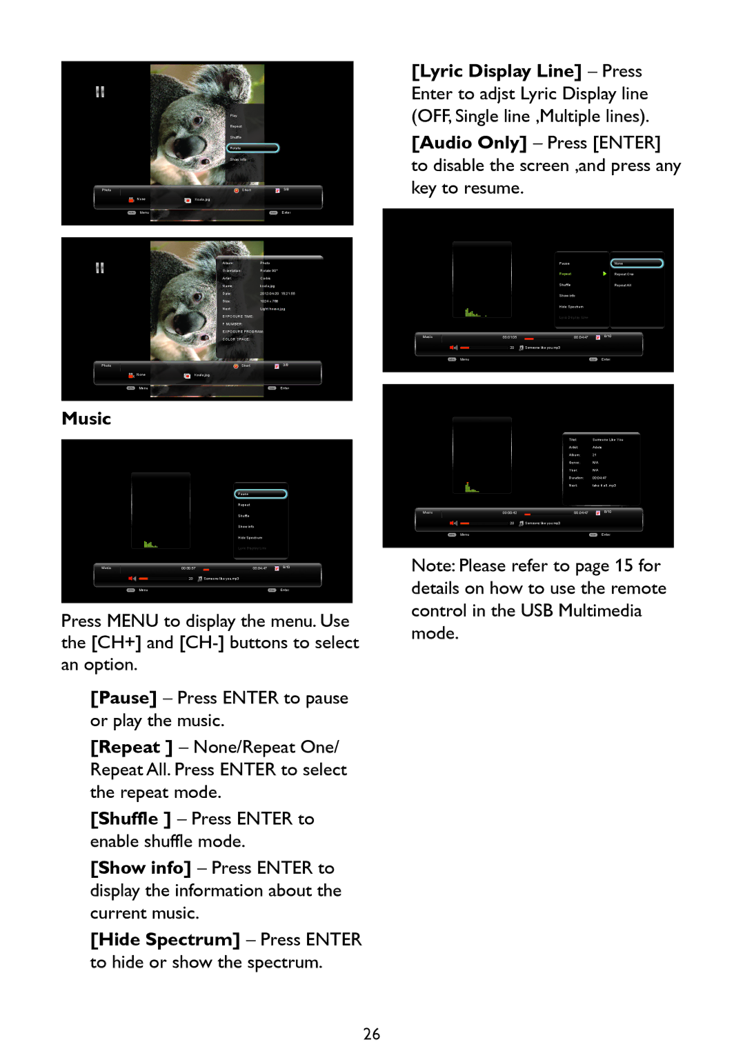 Haier LE46D2380, LE42D2380, LE32D2320, LE39D2380 user manual Music, Hide Spectrum Press Enter to hide or show the spectrum 