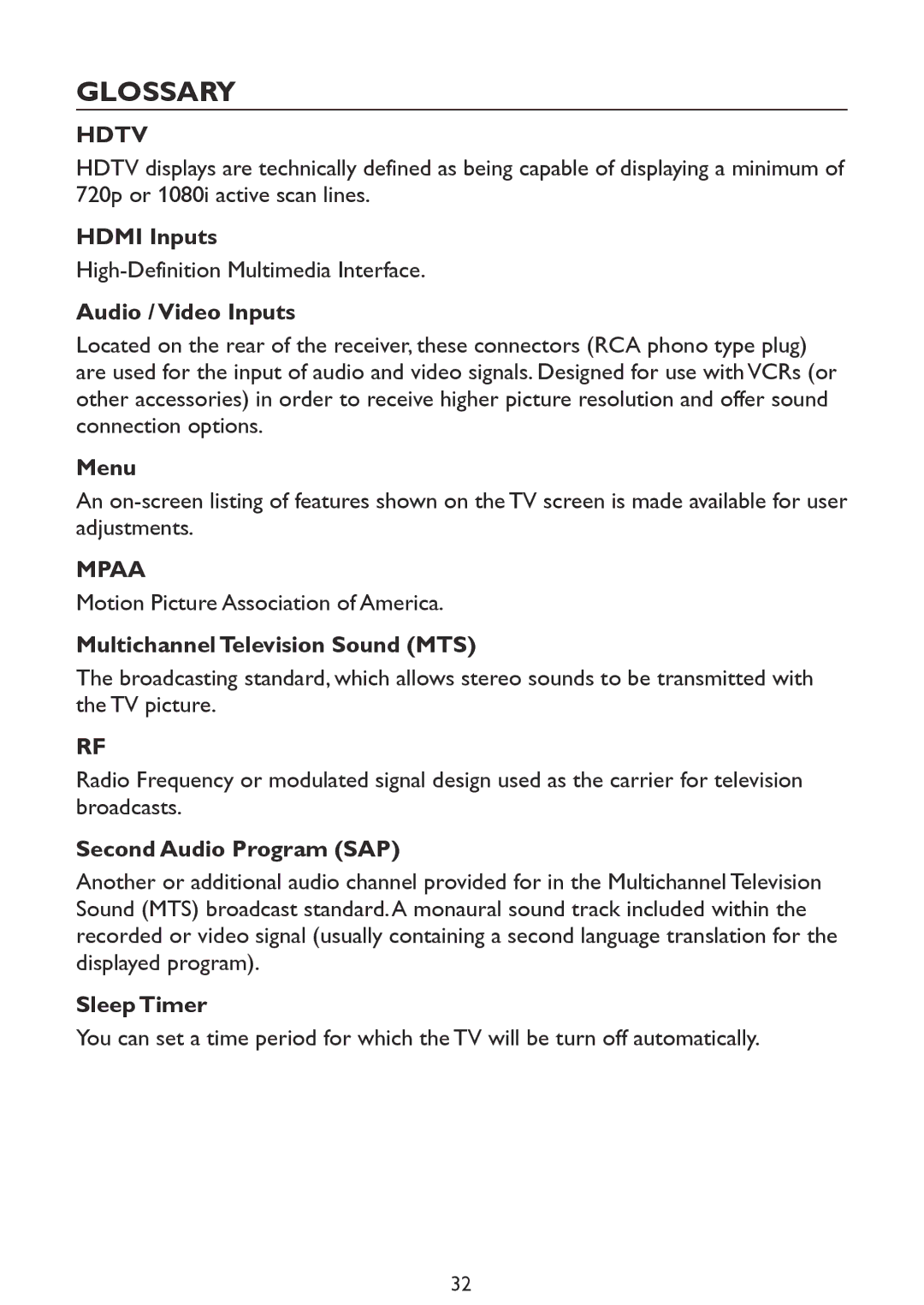 Haier LE32D2320, LE46D2380, LE42D2380, LE39D2380 user manual Glossary 