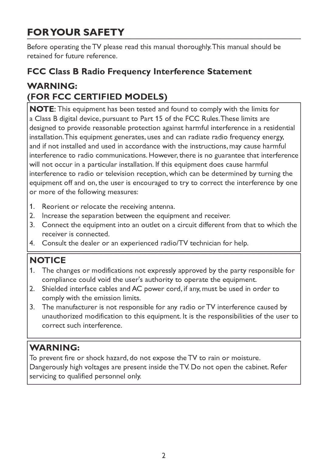 Haier LE46D2380, LE42D2380, LE32D2320, LE39D2380 user manual Foryour Safety, For FCC Certified Models 