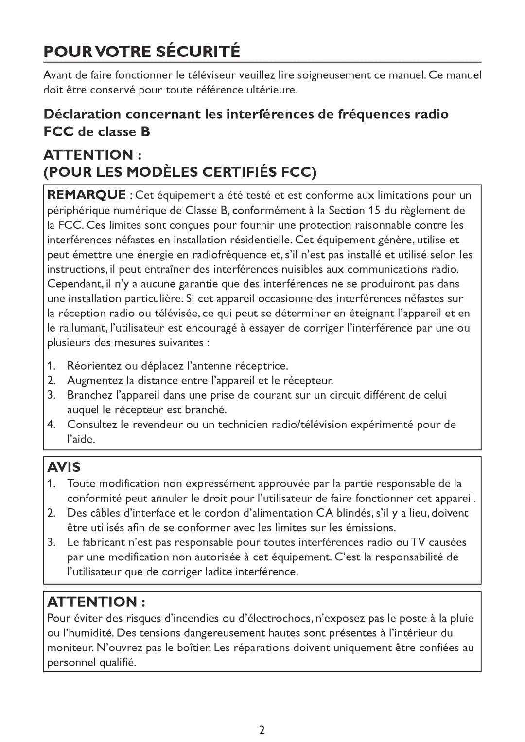 Haier LE46D2380, LE42D2380, LE32D2320, LE39D2380 user manual Pour Votre Sécurité, Pour LES Modèles Certifiés FCC, Avis 