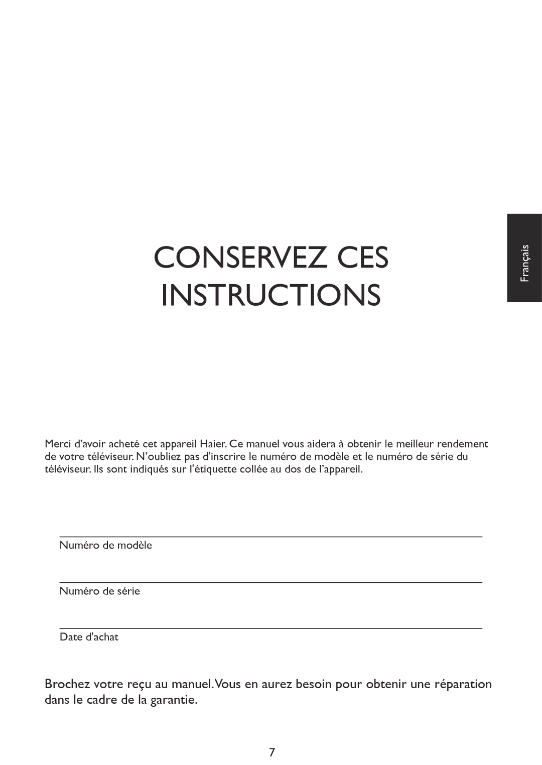 Haier LE42D2380, LE46D2380, LE32D2320, LE39D2380 user manual Conservez CES Instructions 