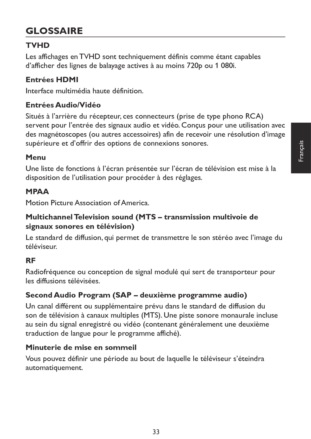 Haier LE39D2380, LE46D2380 Glossaire, Entrées Hdmi, Entrées Audio/Vidéo, Second Audio Program SAP deuxième programme audio 